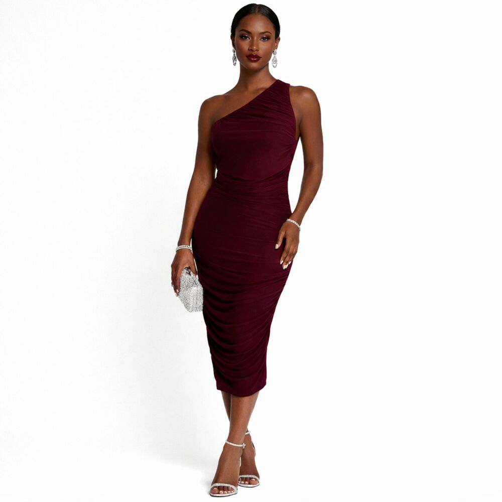 S by Serena Merlot Ruched One-Shoulder Midi Dress | M | EUC